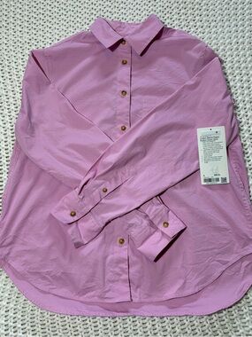 lululemon vita pink cotton blend poplin button down shirt size small